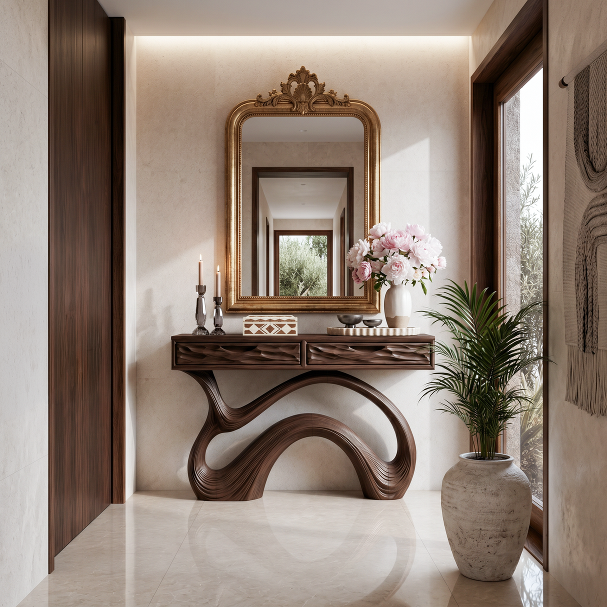Wooden Console Table With Carved Curved Base For Contemporary Entryway