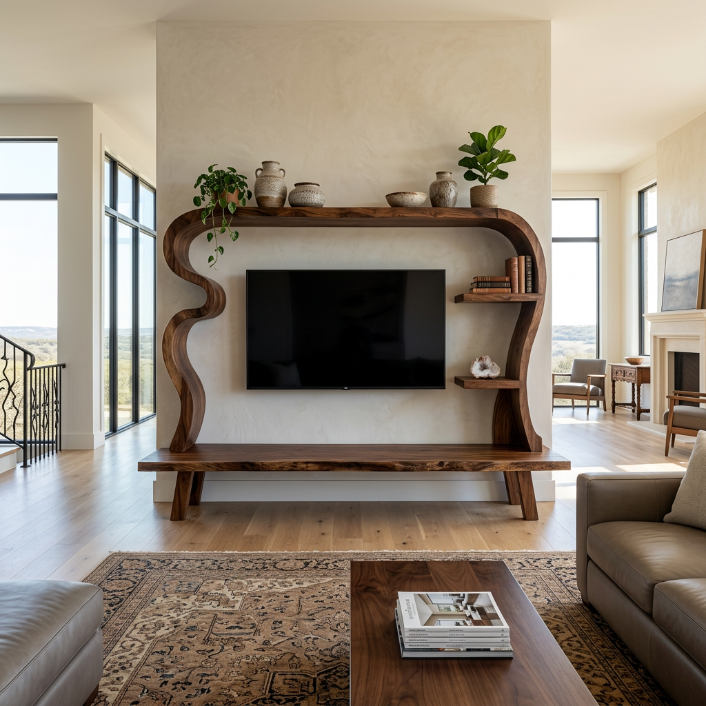 Wood TV Stand With Undulating Frame For Living Room Decor