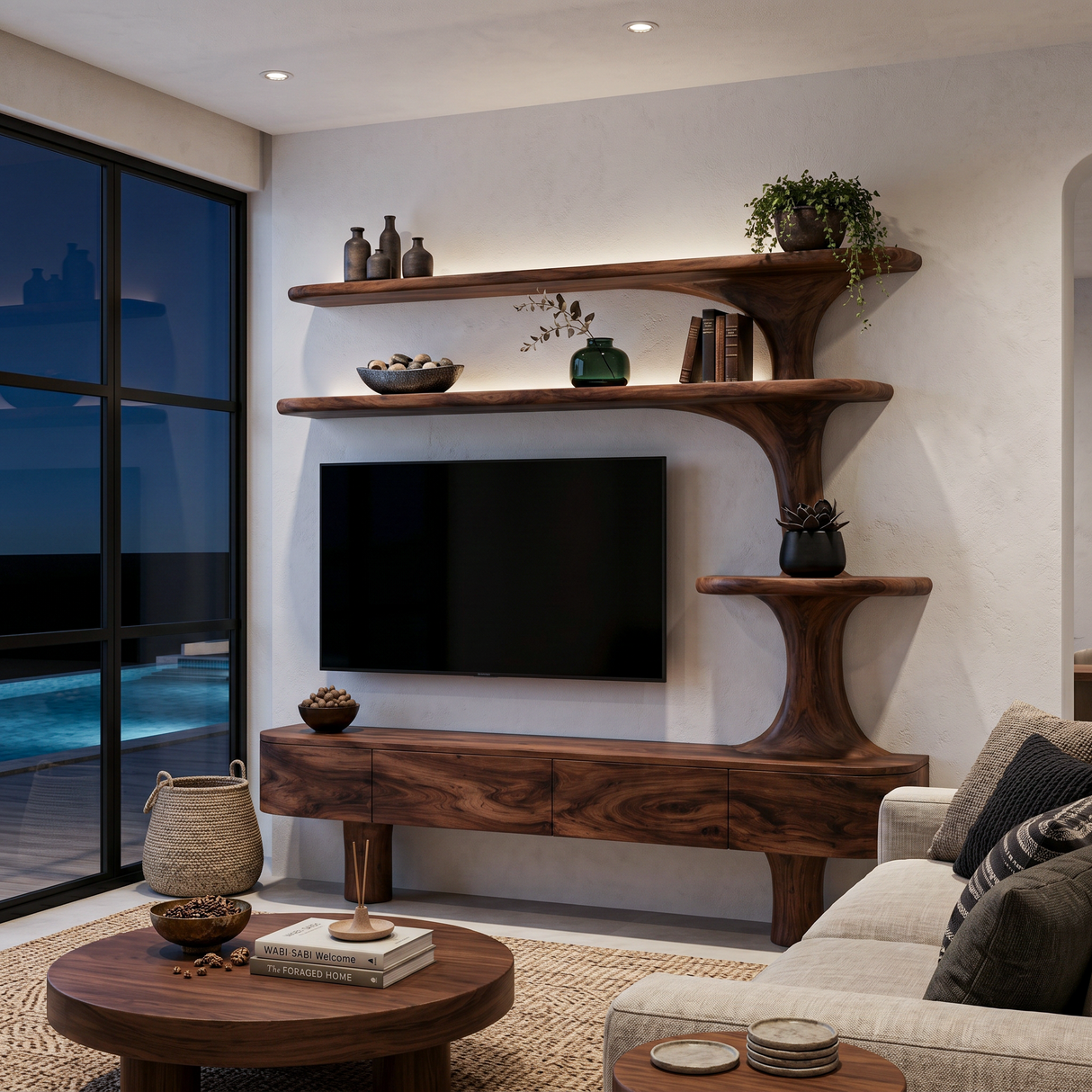 Rustic Wood TV Cabinet With Sculptural Display Shelves For Home