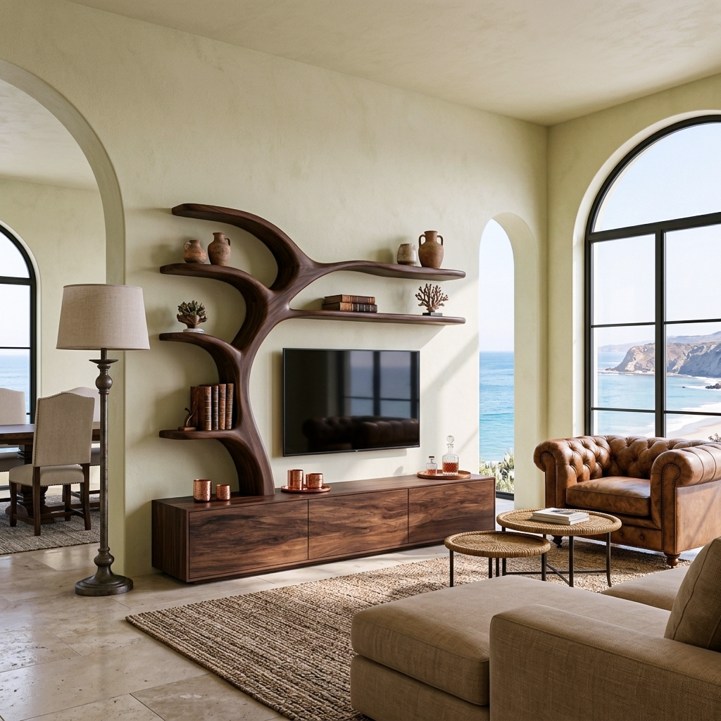 Wooden TV Stand With Branch Display Shelves For Living Room