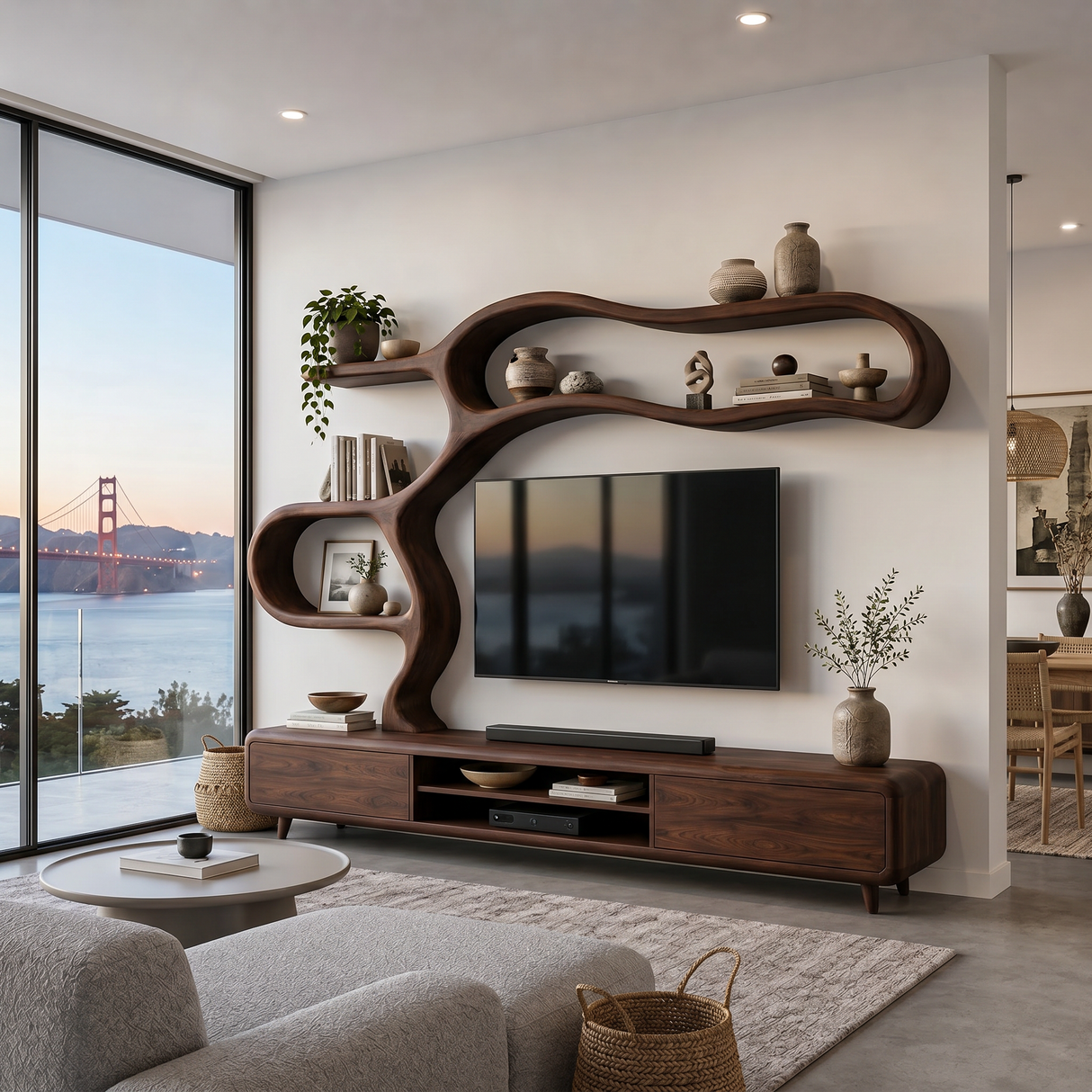 Contemporary Wooden TV Cabinet With Sculptural Frame For Living Room