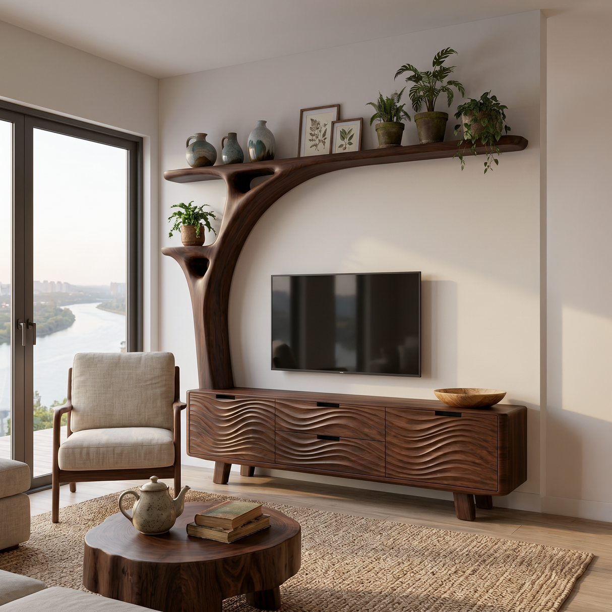 Contemporary Wood TV Cabinet With Curved Shelf For Living Storage