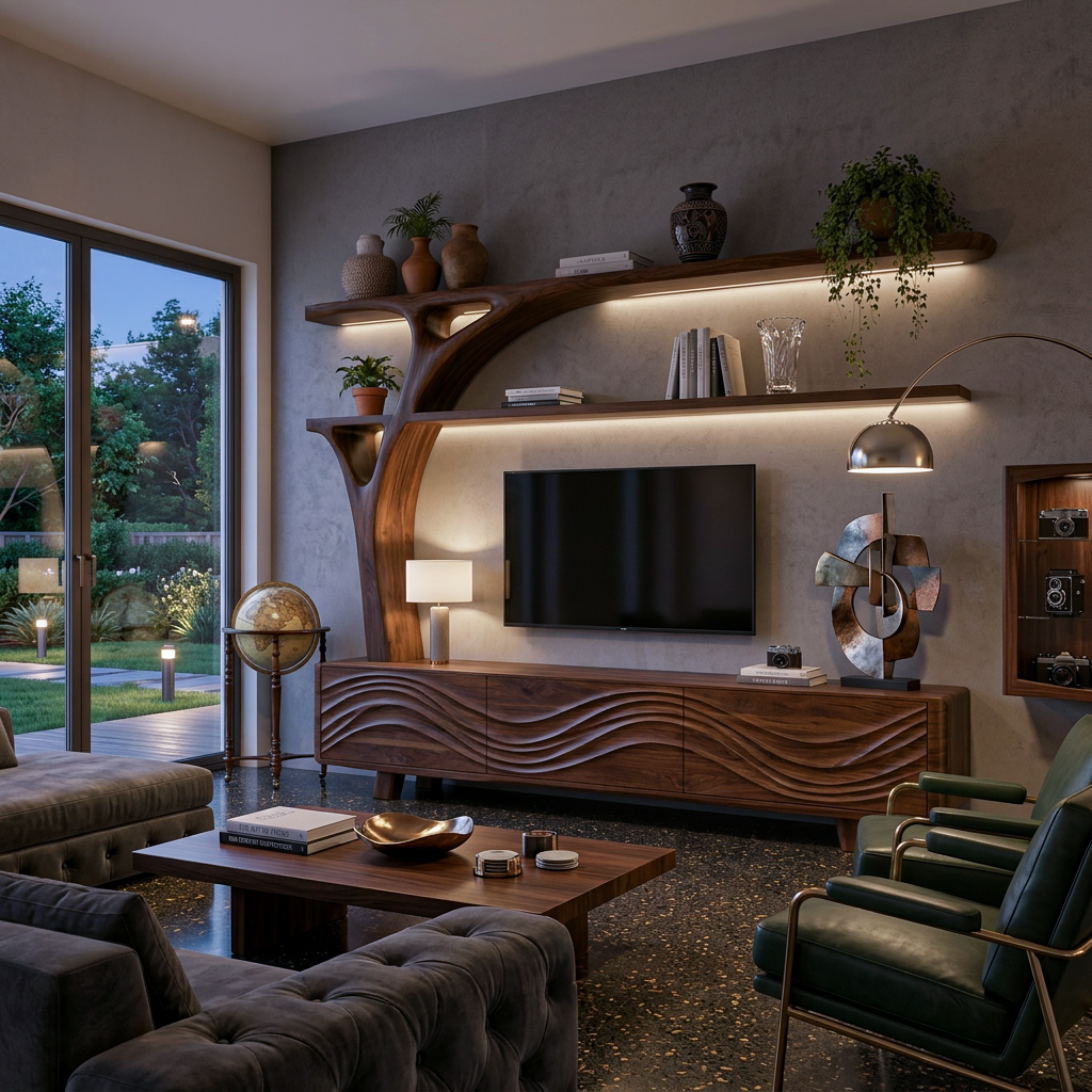 Luxury Wood TV Cabinet With Sculptural Open Shelving For Interior