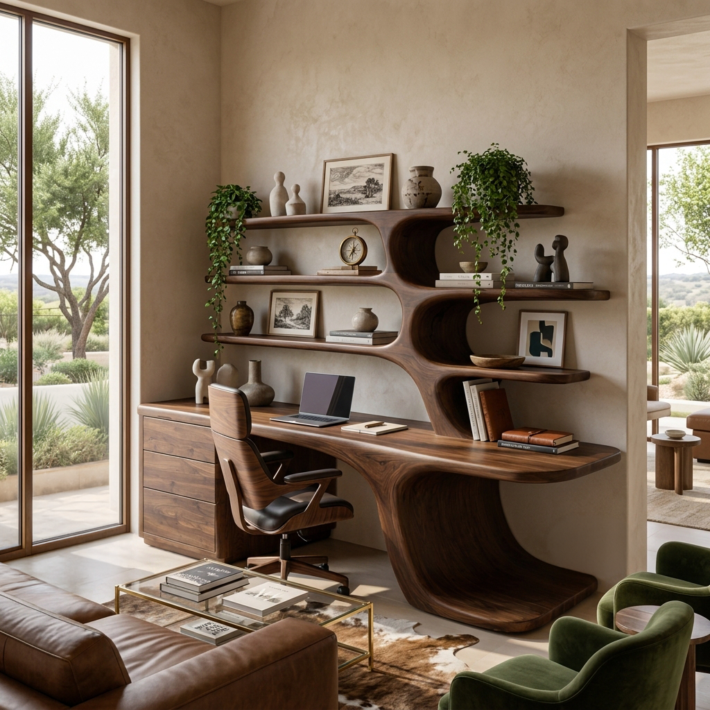 Modern Wood Desk With Built In Bookshelves For Workspace