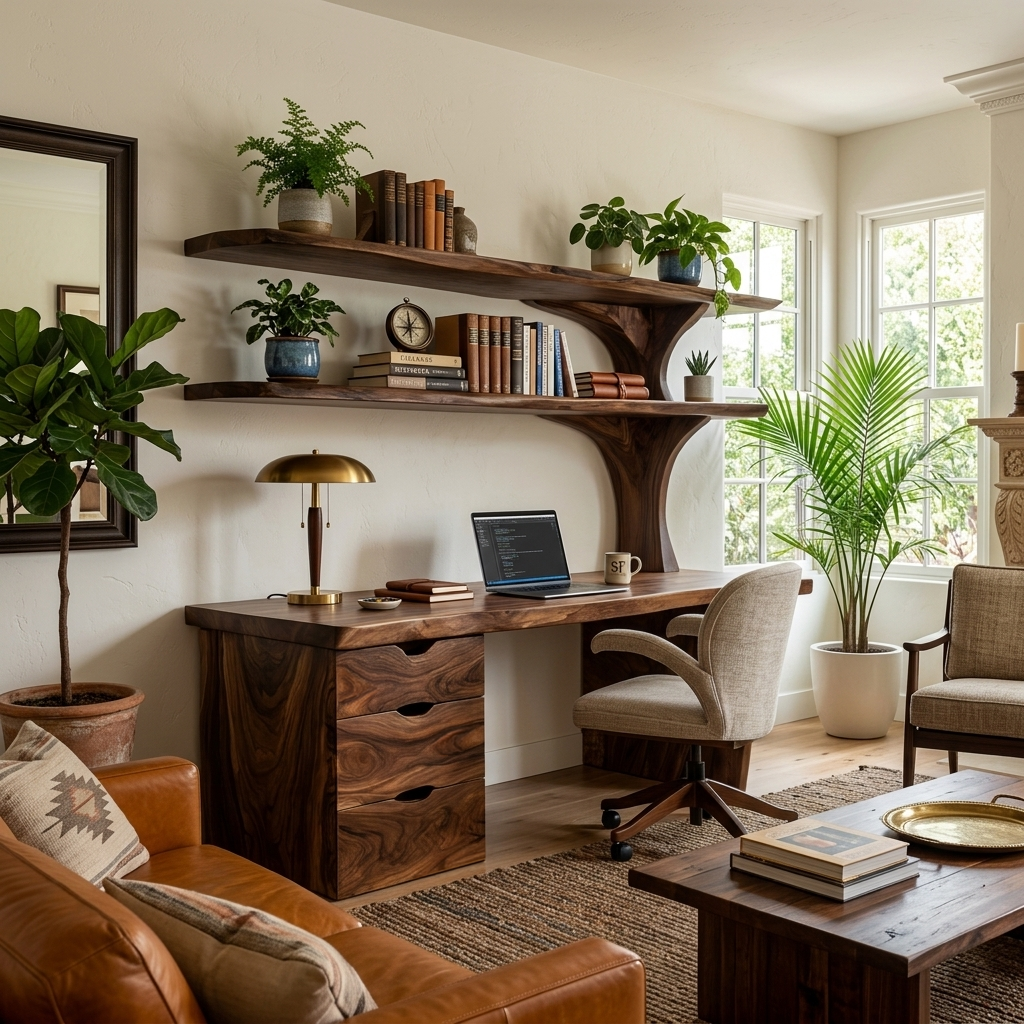 Wooden Desk With Integrated Shelving And Drawer For Contemporary Office