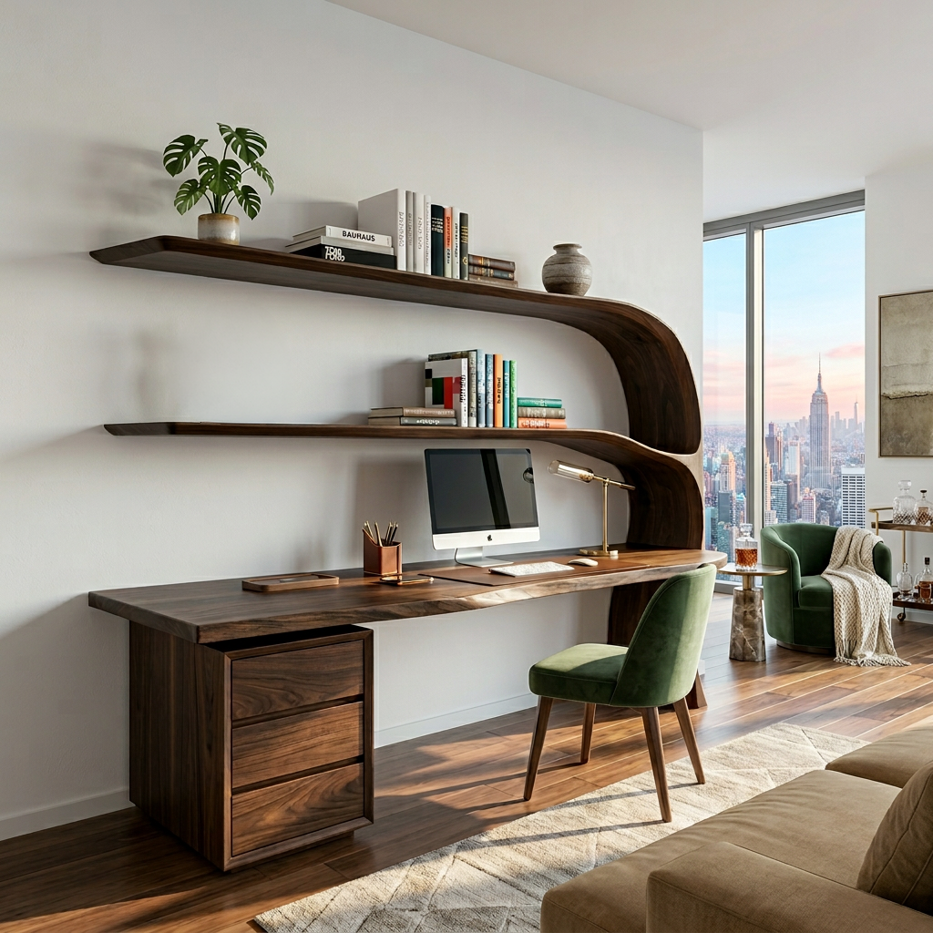 Organic Desk With Curved Shelf And Drawer For Study Room