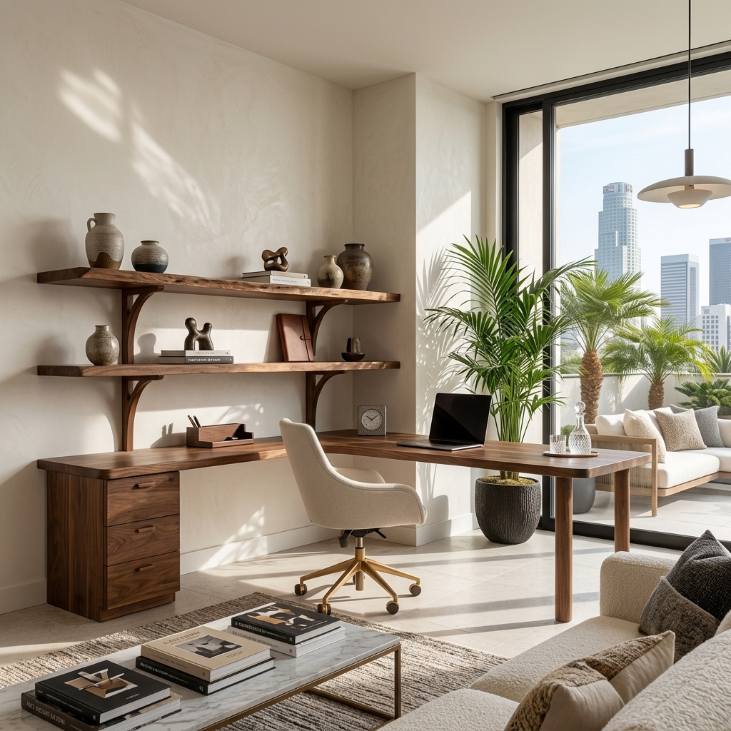 Modern L-Shaped Desk With Open Bookshelves For Home Study