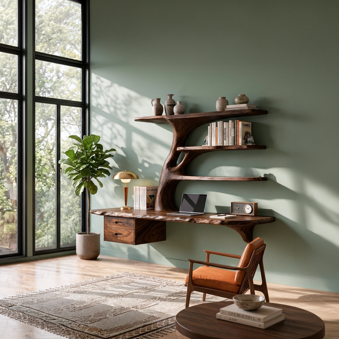 Wood Floating Desk With Multi Level Organic Shelves For Office