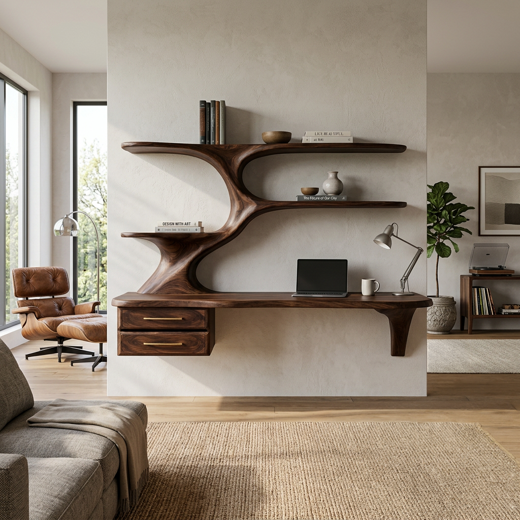 Organic Wooden Floating Desk With Branch Bookshelves For Home Office