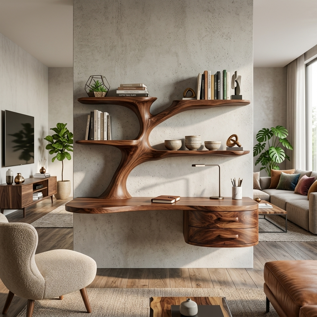 Rustic Wooden Desk With Sculptural Shelving And Drawer For Workspace