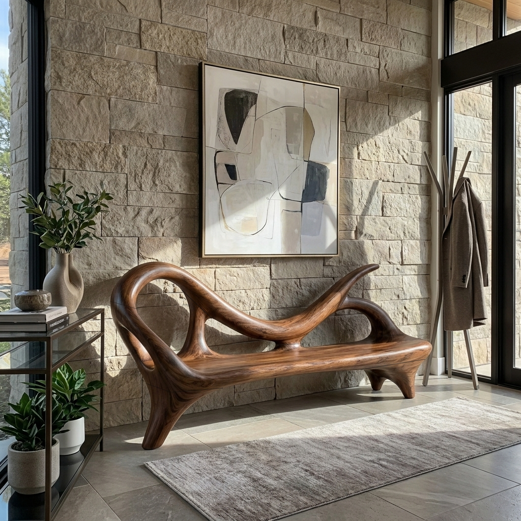 Modern Entryway Bench With Sculptural Form For Contemporary Interiors