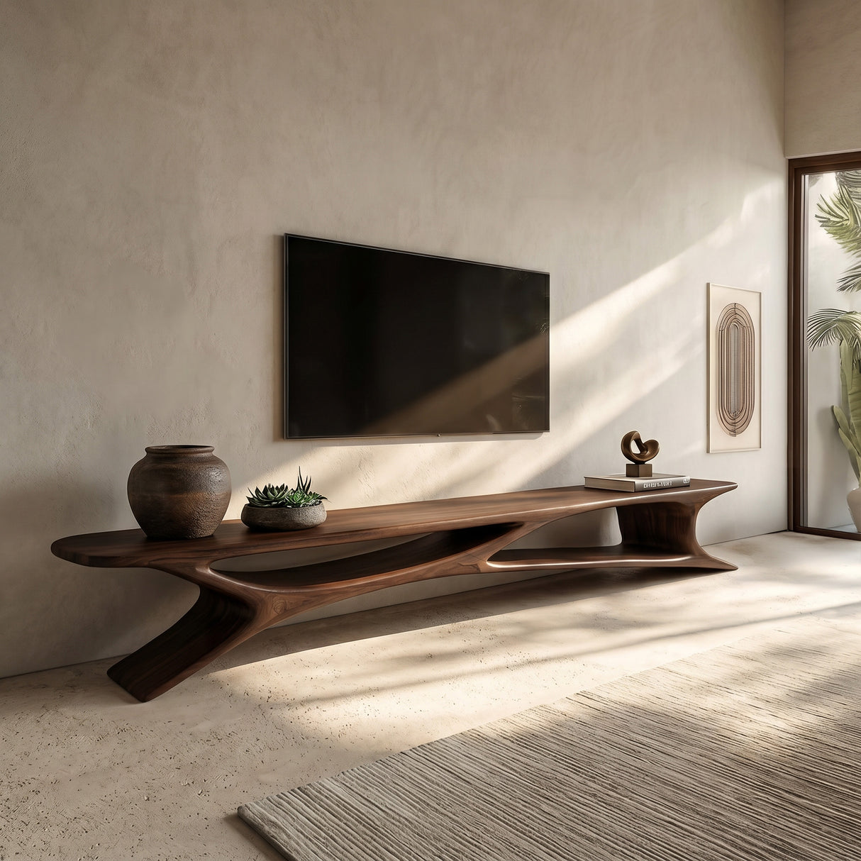 Handcrafted Sculptural Wooden TV Stand For Living Room