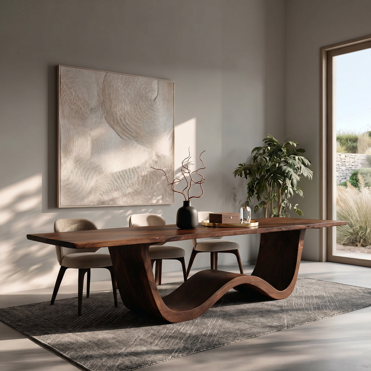 Luxury Wood Dining Table With Curved Pedestal For Dining Room