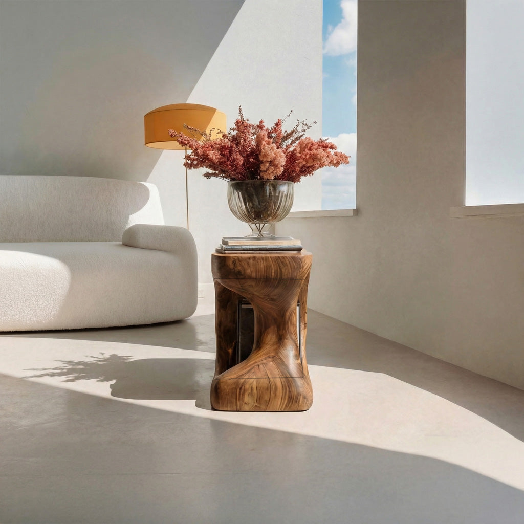 Minimalist Sculptural Wood Side Table With Organic Shape And Storage For Modern Living Room
