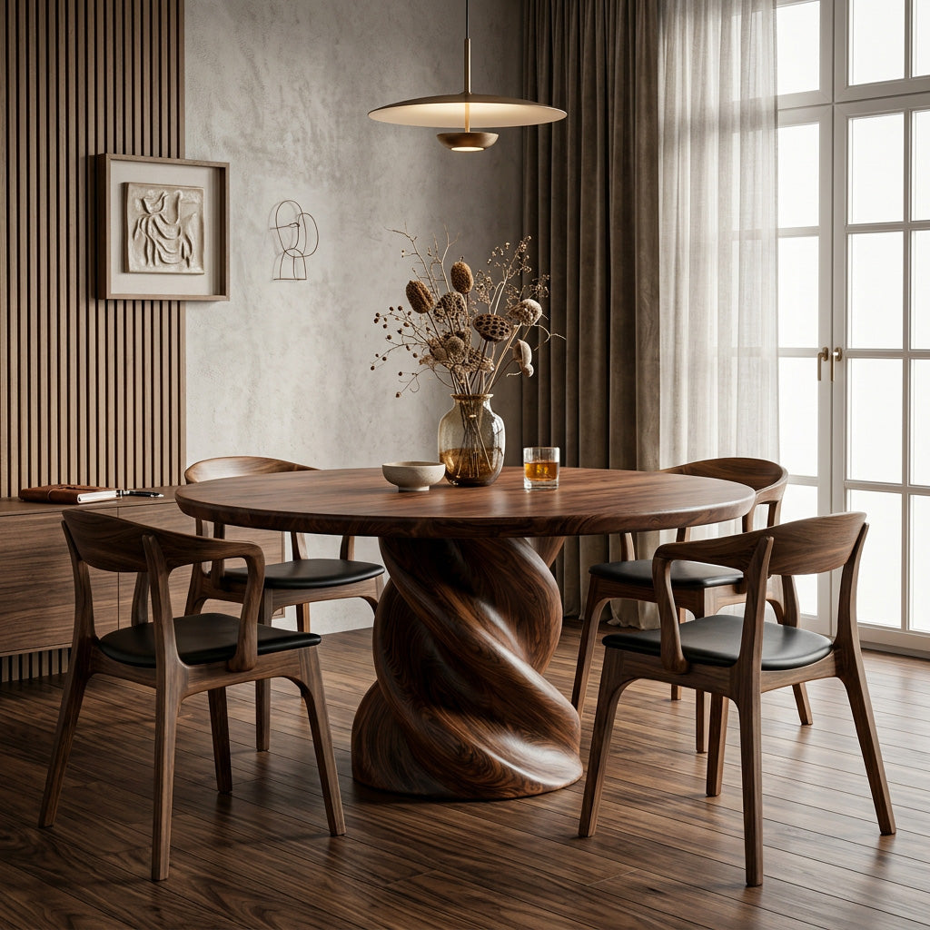 Organic Twisted Pedestal Round Wood Dining Table For Breakfast Nook