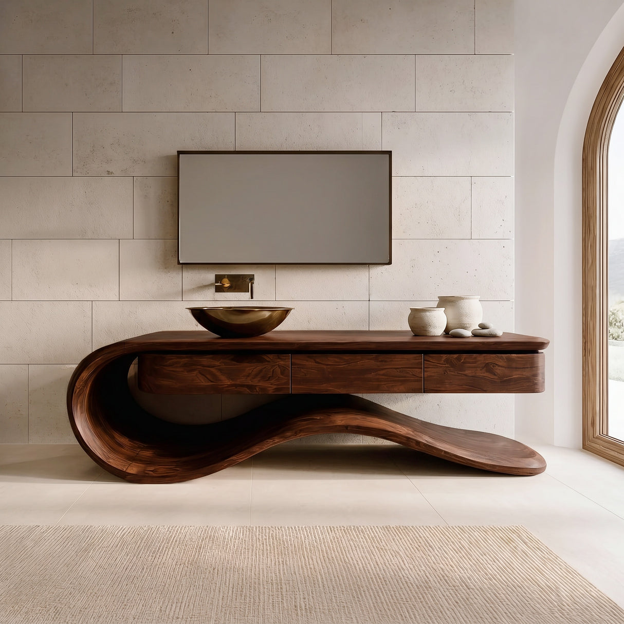 Contemporary Wooden Bathroom Vanity With Wave Base For Bathroom
