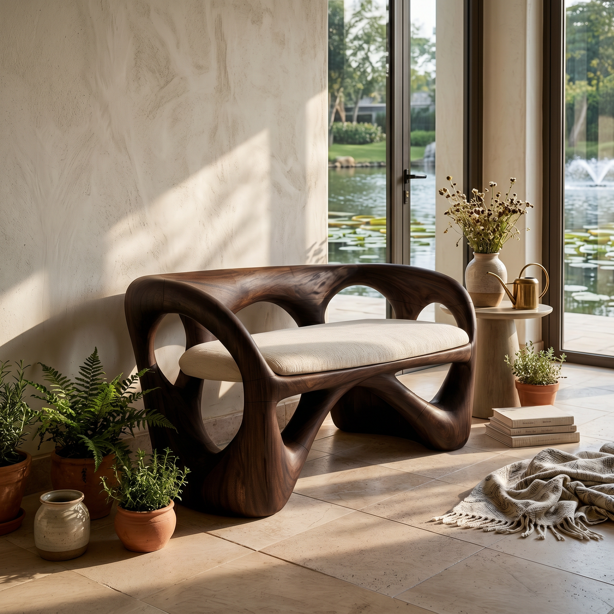 Organic Wooden Bench Contemporary Sunroom