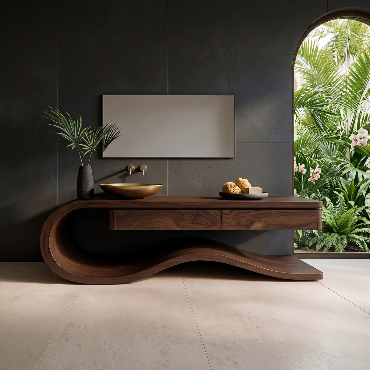 Organic Wooden Bathroom Vanity With Flowing Structure For Bathroom