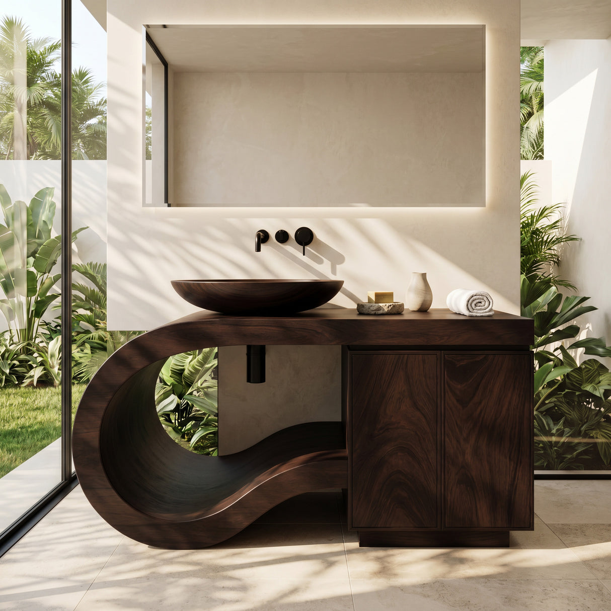Modern Wooden Bathroom Vanity With Curved Pedestal For Bathroom