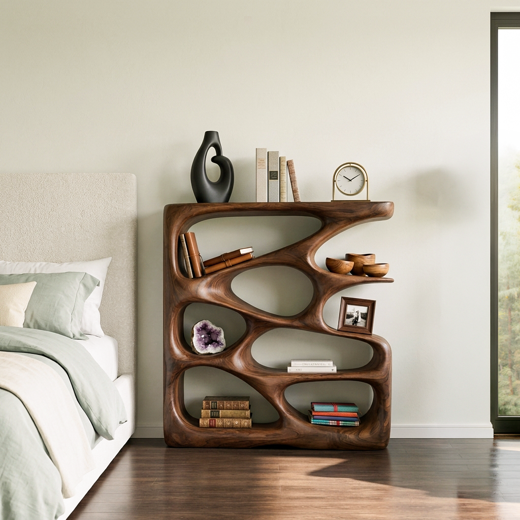 Designer Wooden Bookshelf With Sculptural Shelves For Decorative Accents