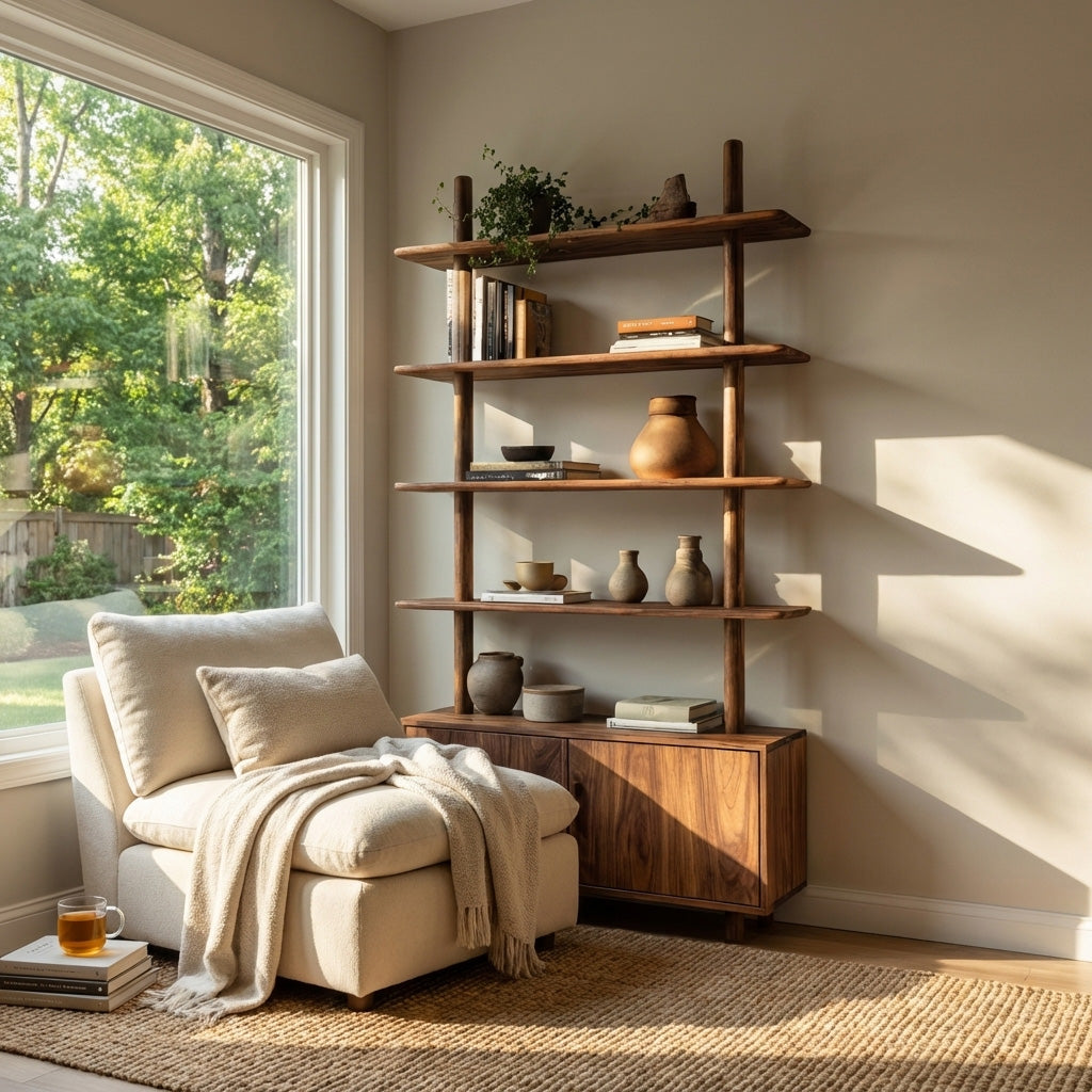Mid Century Wooden Bookcase With Closed Storage For Living