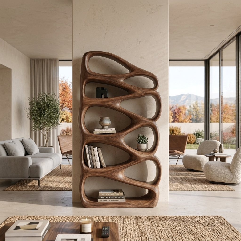 Modern Wooden Bookshelf Inspired By Organic Architecture For Living Room