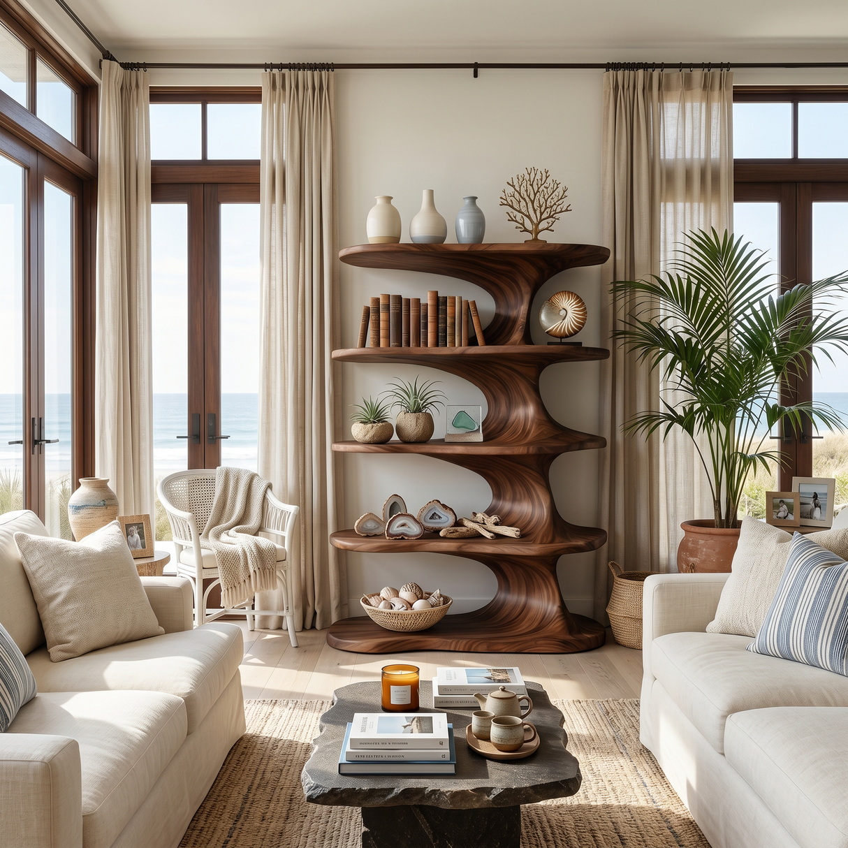 Modern Wooden Bookshelf With Flowing Organic Lines For Living Room