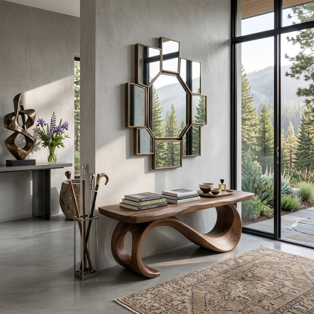 Rustic Wooden Bench With Sculptural Base For Entryway