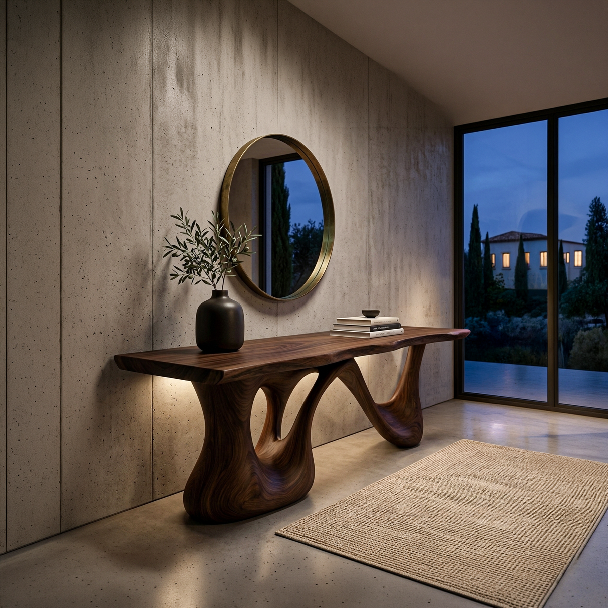 Organic Wooden Bench With Undulating Sculptural Base For Home Furniture