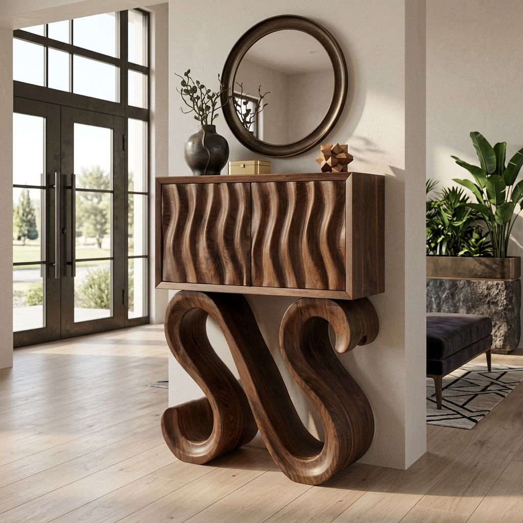 Contemporary Wood Console Table With Sculptural Undulating Legs For Home