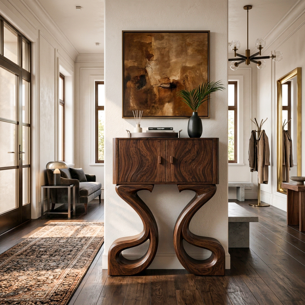 Contemporary Wooden Console Table Symmetrical Base Design For Entryway