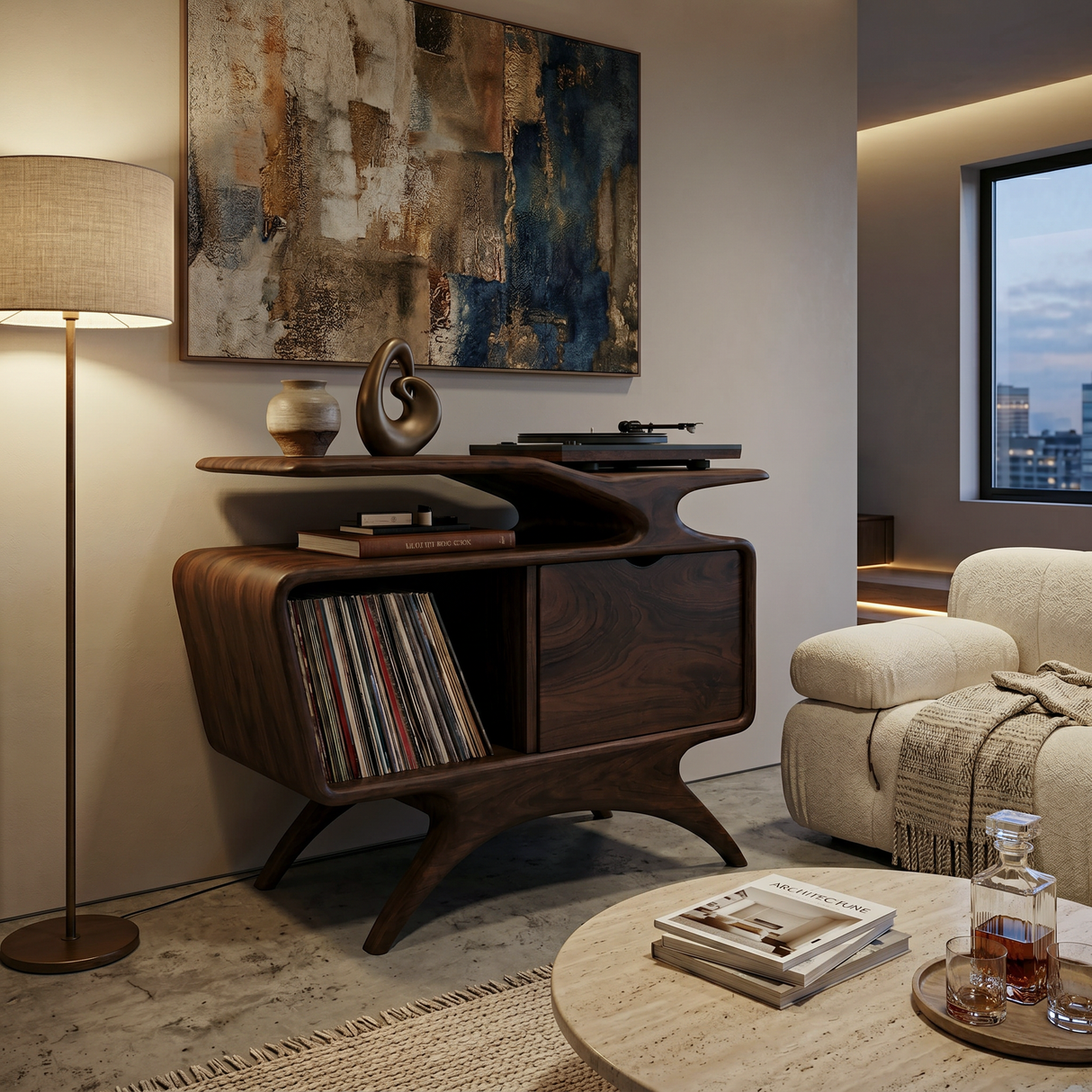 Handcrafted Wooden Record Cabinet With Shelving For Living Room