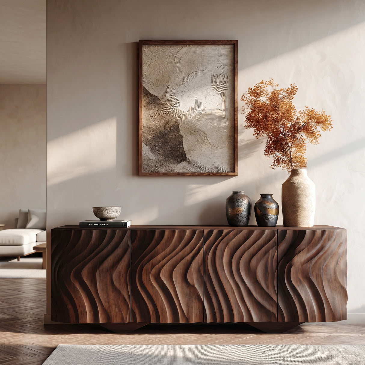 Farmhouse Wooden Sideboard With Carved Wave Doors For Living Storage