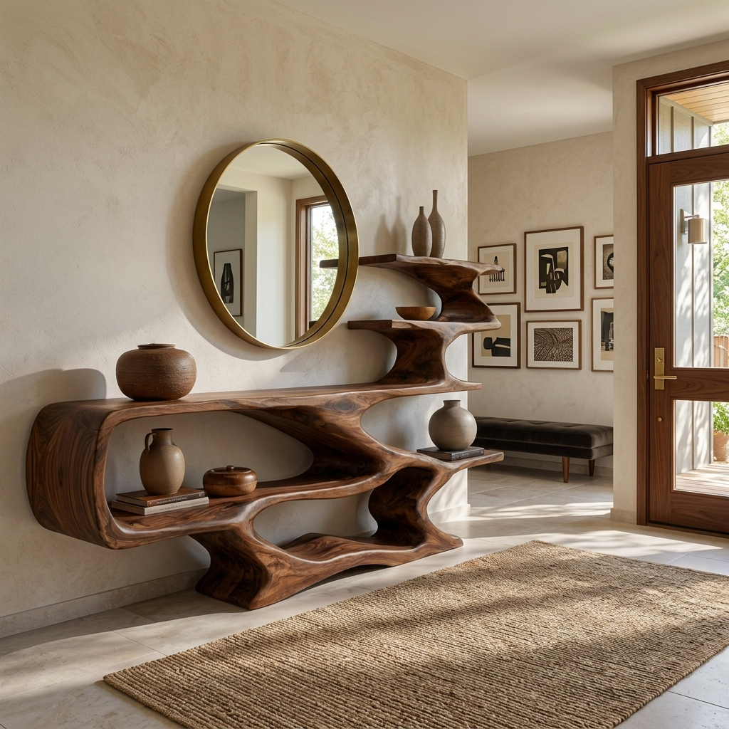 Modern Sculptural Wooden Console Table With Open Shelves For Interior