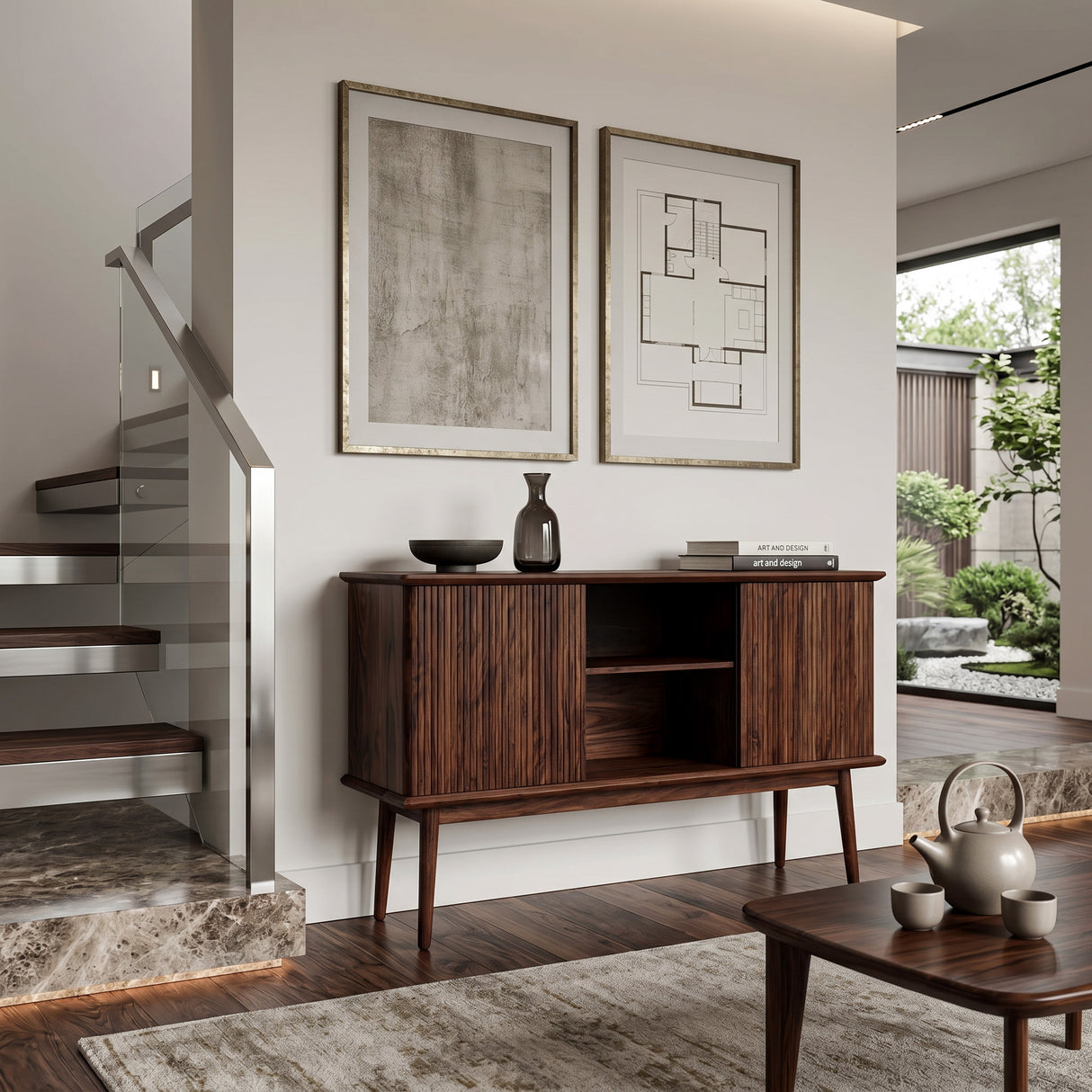 Organic Wooden Fluted Console Table For Entryway