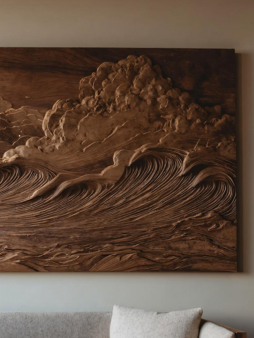 Hand Carved Wall Art With Ocean And Clouds For Living Room