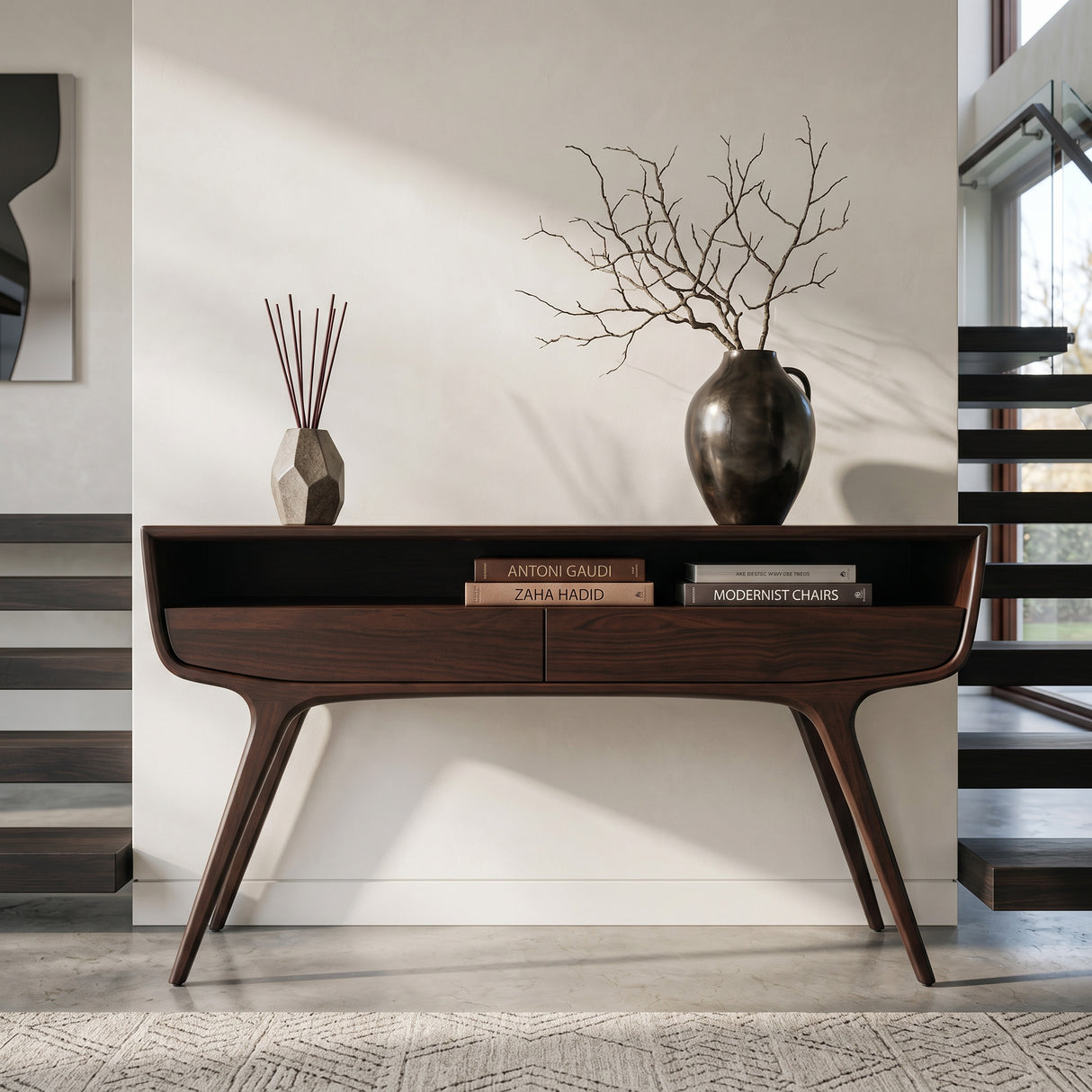 Mid Century Curved Console Table With Drawers For Entryway
