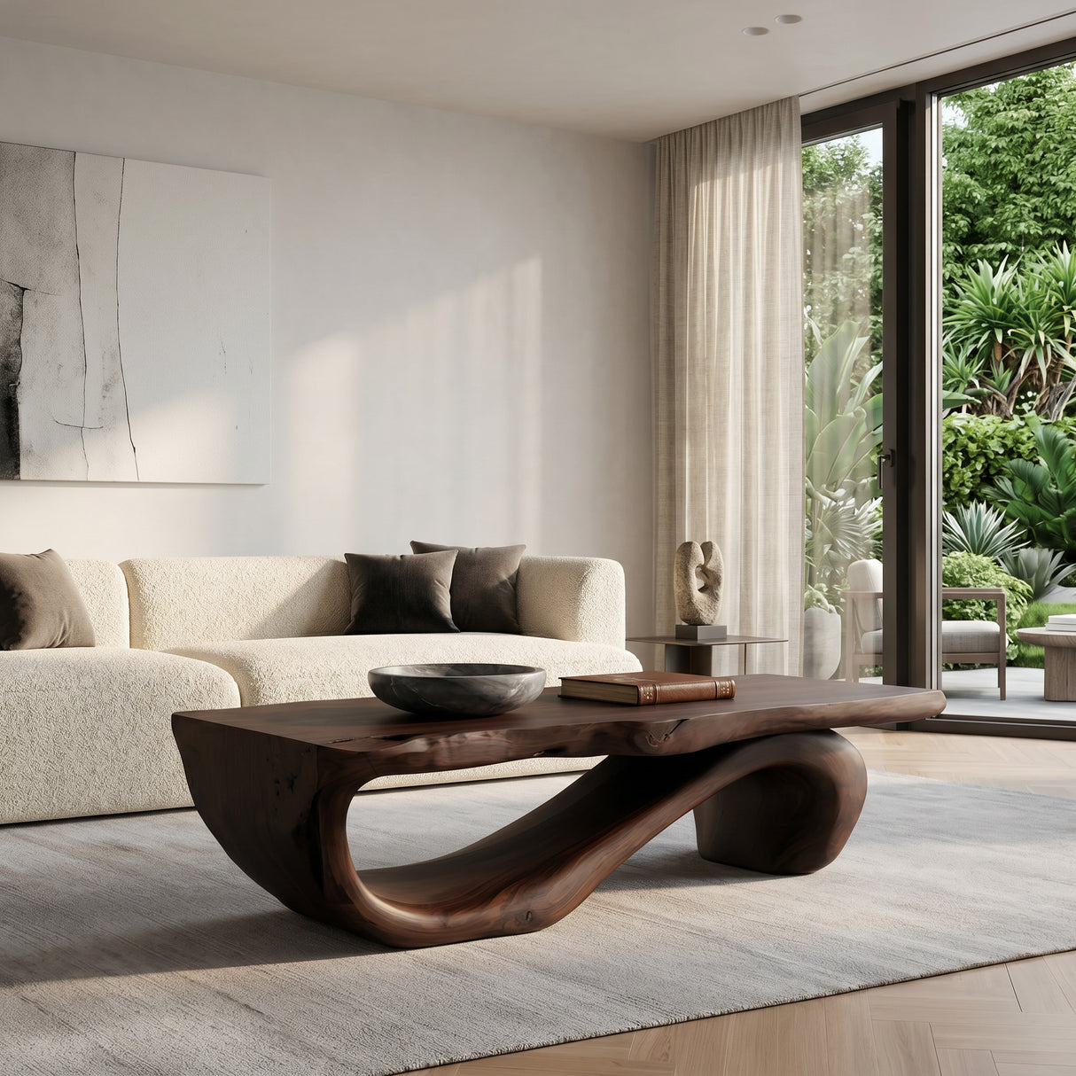 Organic Coffee Table With Carved Wood Base For Living Room