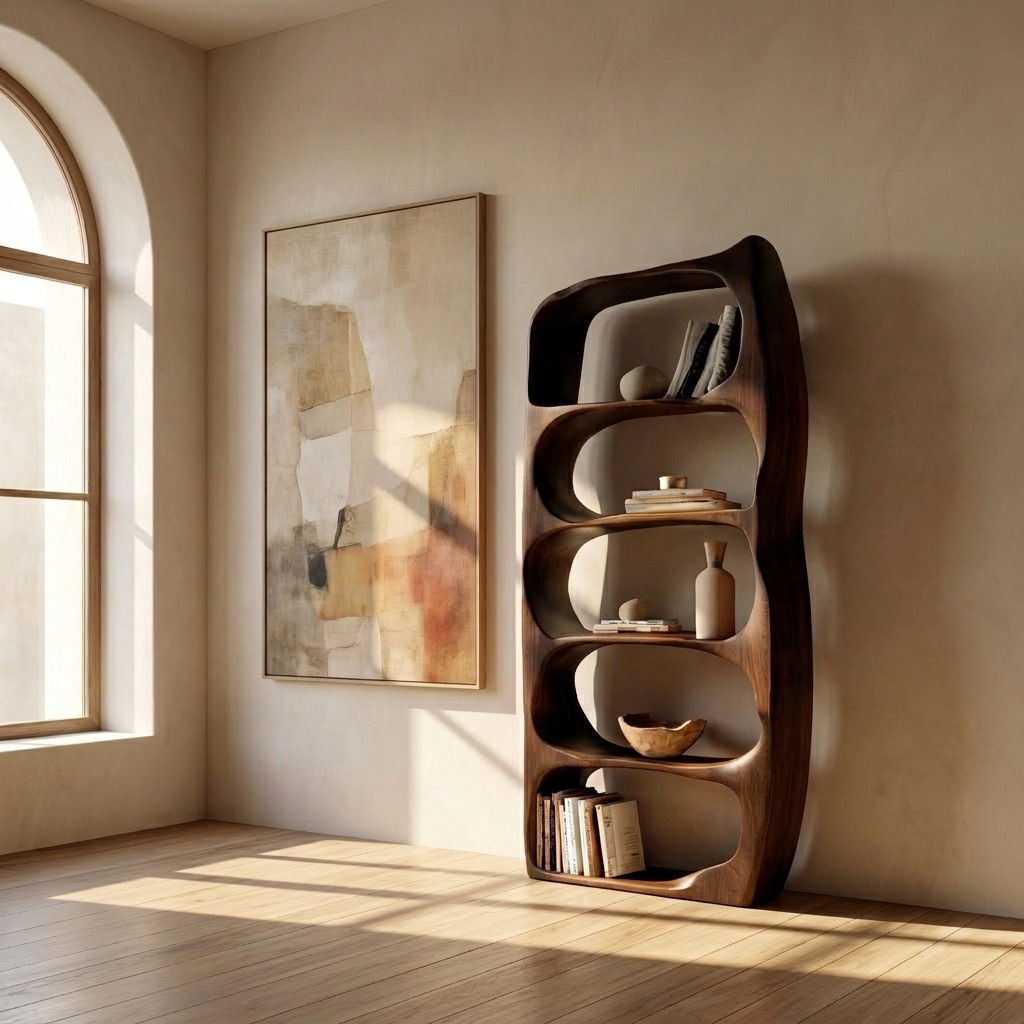 Handcrafted Sculptural Wooden Standing Shelf For Home Decor