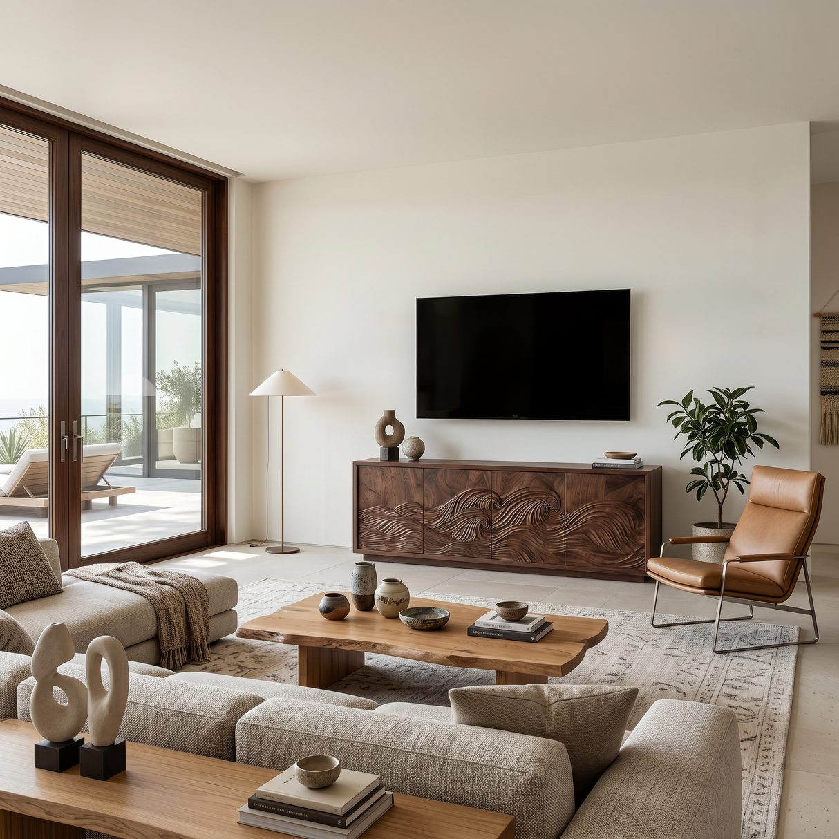 Contemporary TV Stand With Hand Carved Wave For Designer Homes