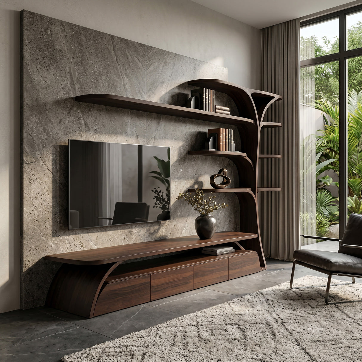 Organic Wooden TV Stand With Display Shelves For Living Room