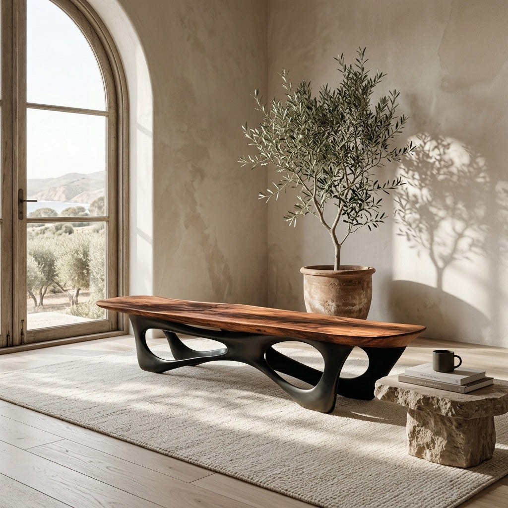Curved Wooden Statement Bench For Modern Apartment