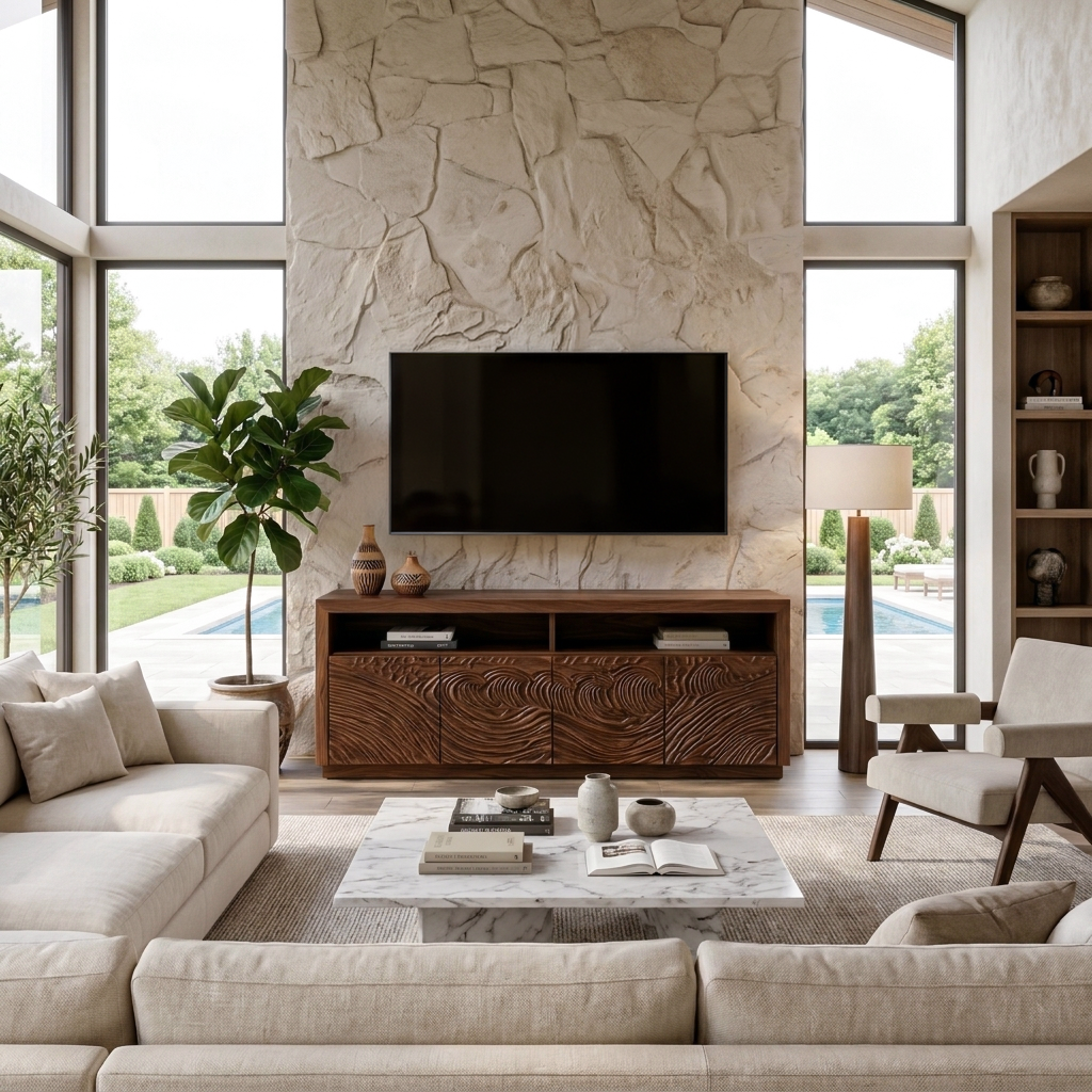 Modern Carved Wave TV Console With Open Shelf For Living