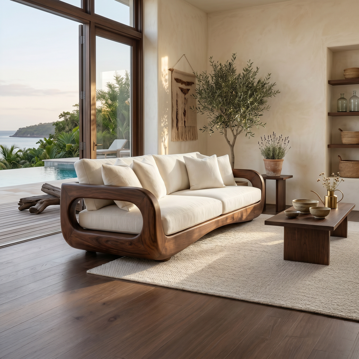 Modern Curved Wooden Sofa For Luxury Penthouse Interior Decor