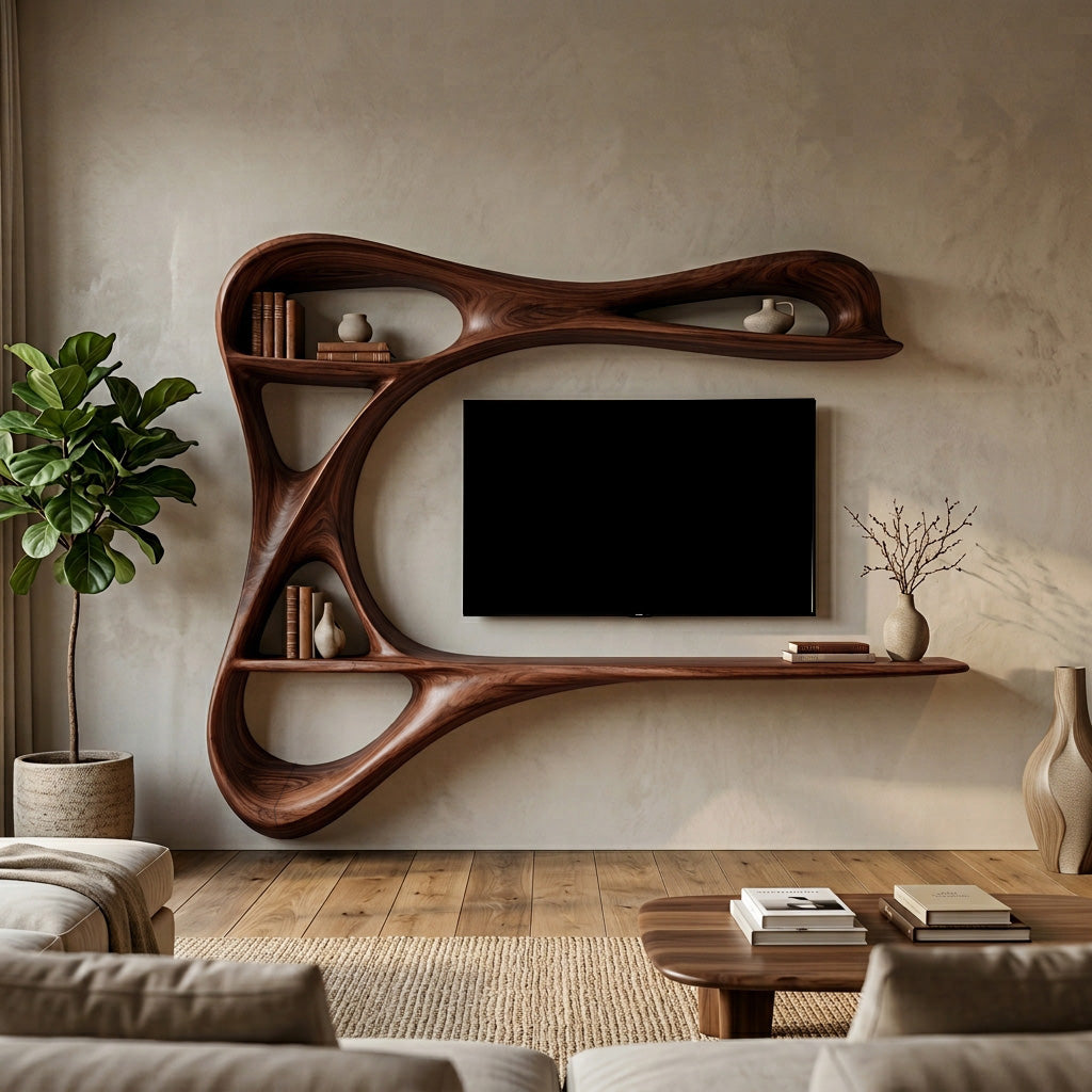 Contemporary Carved Frame TV Console With Integrated Shelves For Home