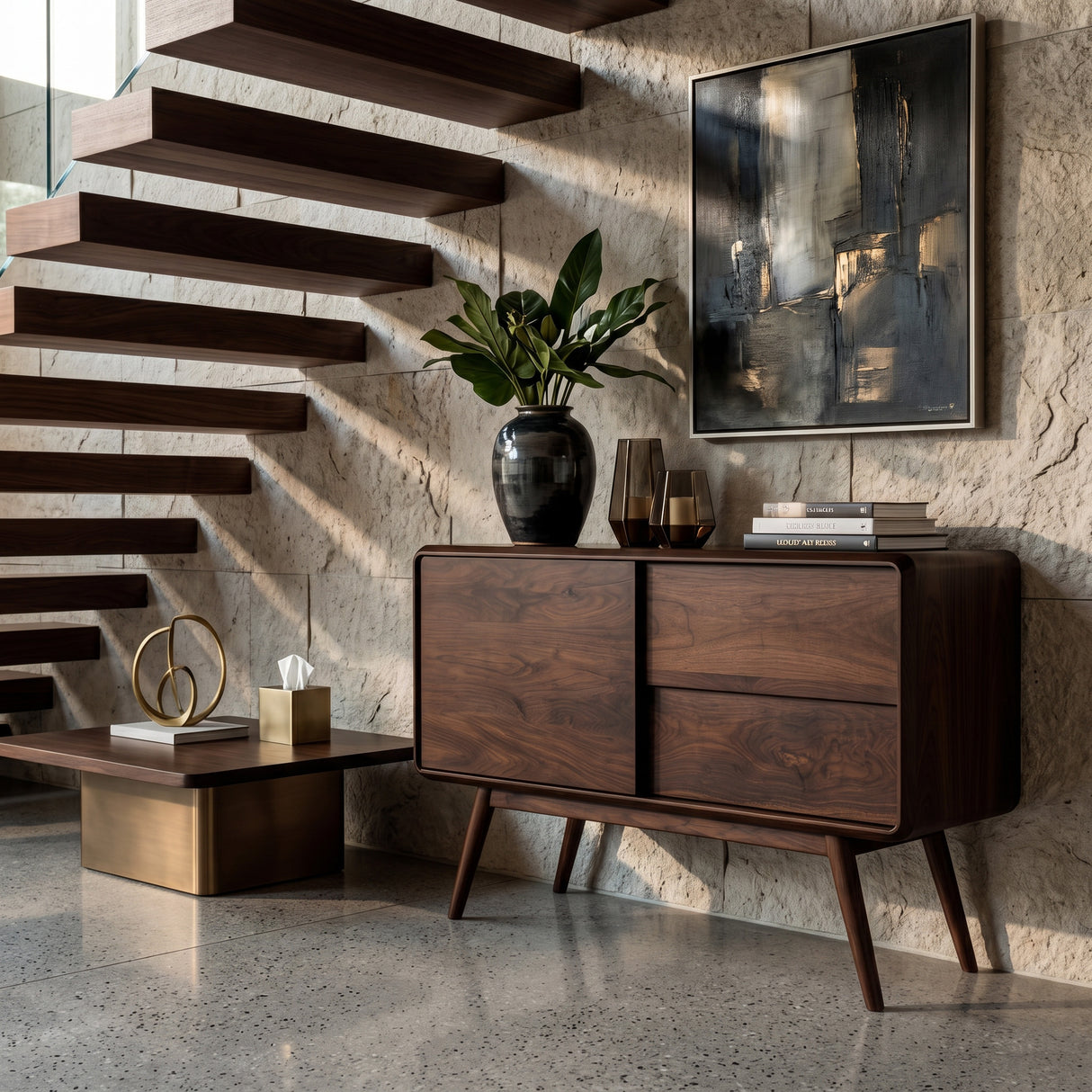 Mid Century Rounded Console Table With Compartments For Living