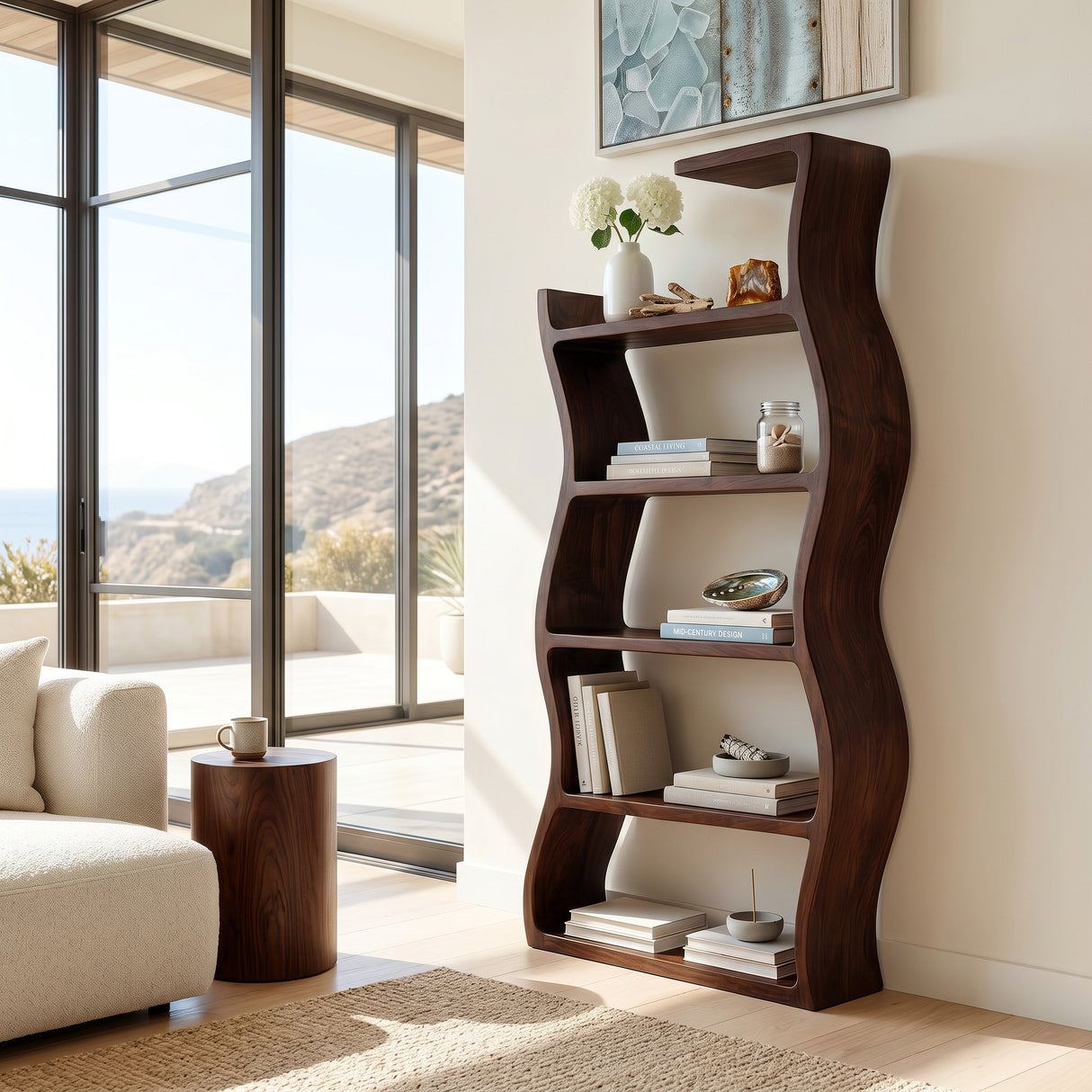 Contemporary Wooden Wavy Bookshelf With Multi Display Tiers For Living