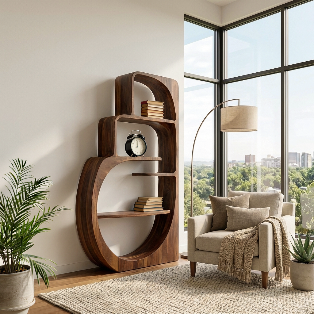 Organic Wood Bookshelf With Multiple Storage Levels For Living Room