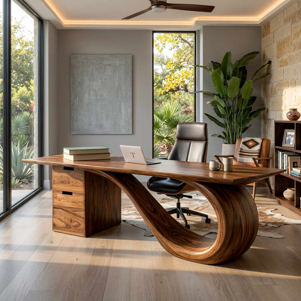 Modern Wooden Desk With Curved Base For Office