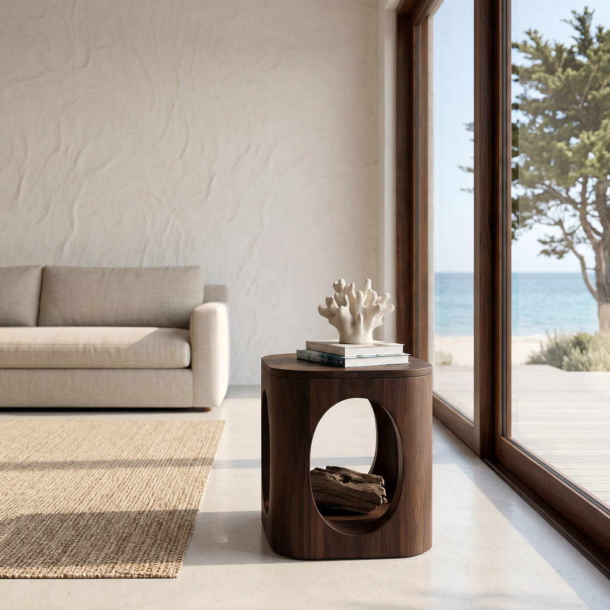 Geometric Carved Natural Wood Side Table For Living Room